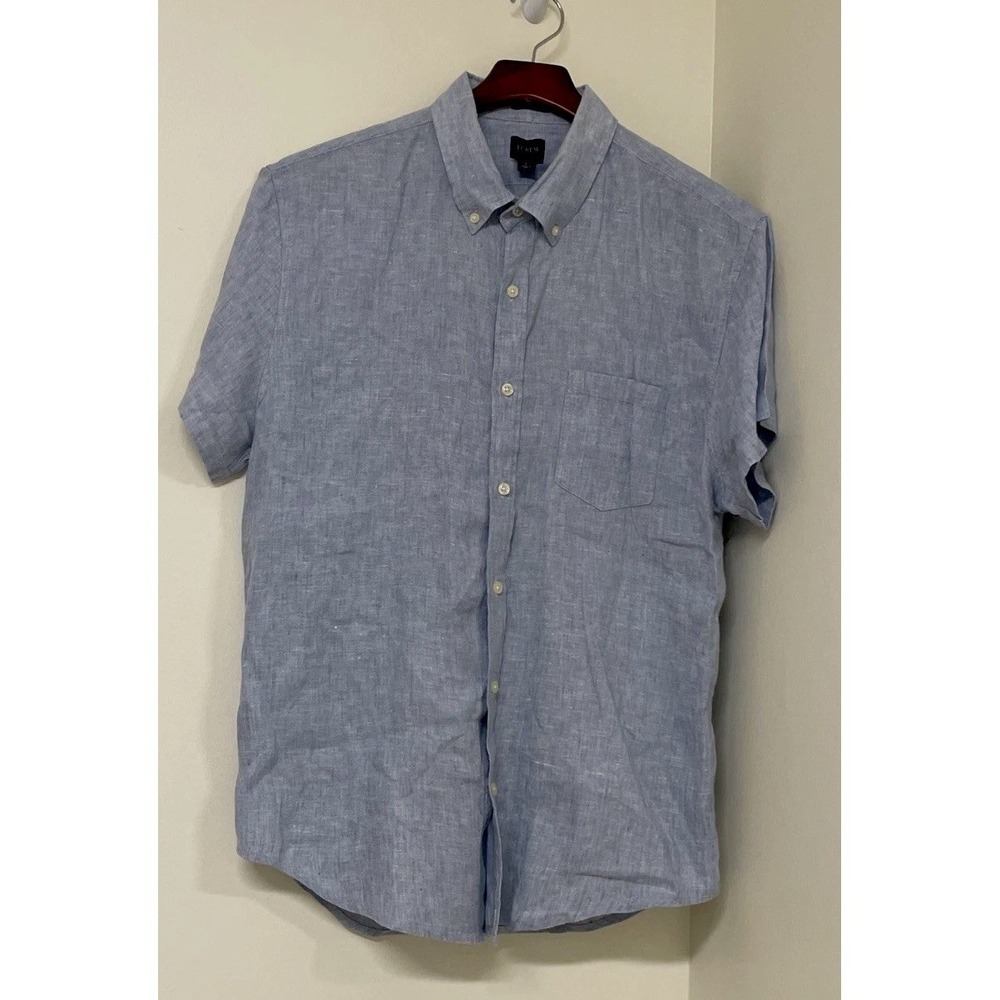 J. CREW Linen Slim Fit‎ Short Sleeve Button Down Blue Shirt Men's Size Large